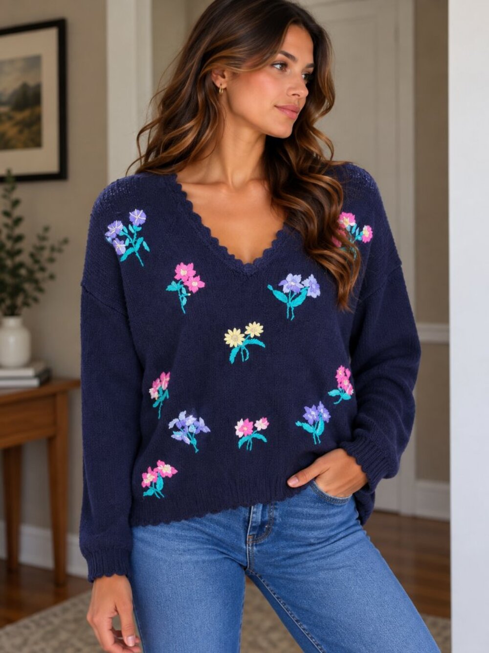 Northern Reflections Navy Floral Embroidered V-Neck Sweater - Women's, Size XL